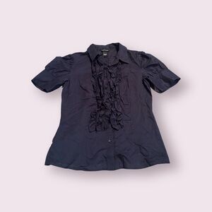 Women's MODA International Elegant Navy S/S Button Down with Ruffles Sz Medium